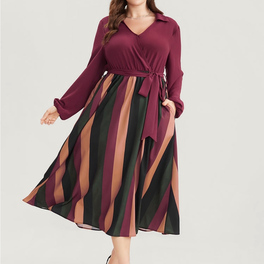 BloomChic Burgundy Stripe Dress with Belt Size 18-20